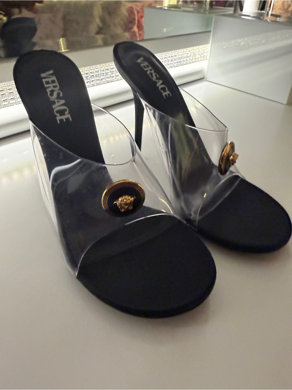 Versace Black and Clear Medusa PVC Slide Heels